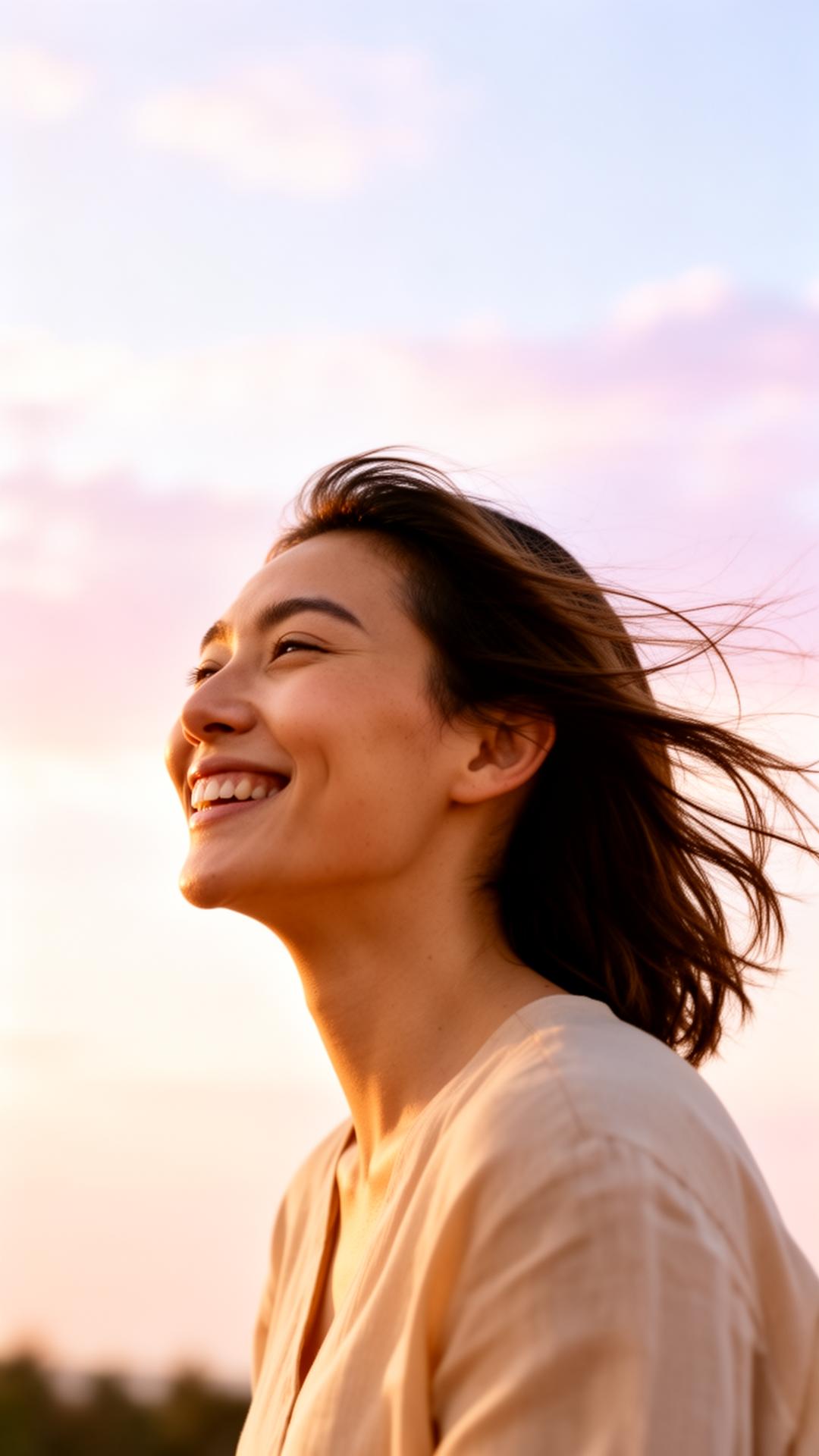 A joyful person enjoying the outdoors at sunset